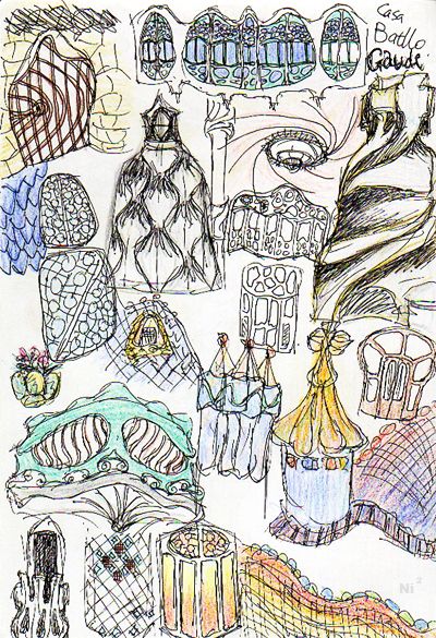 sketch of architectural elements from Gaudi buildings... apt art Fairy City, Paper Mosaics, Gaudi Art, Gaudi Mosaic, Gaudi Buildings, Form Architecture, Gaudi Architecture, Paper Mosaic, Antonio Gaudí