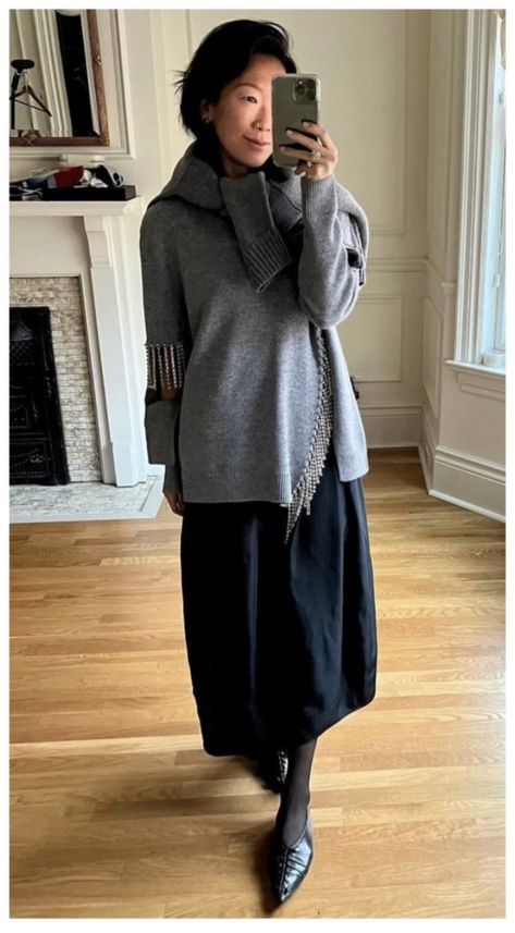 Tibi sweater? Baggy Sweater With Skirt, Long Skirt Baggy Sweater, Tibi Outfit, Tibi Styling, One Ton None Tibi, Dresses Everyday, Irene Kim, Elevated Basics, Comfy Fashion