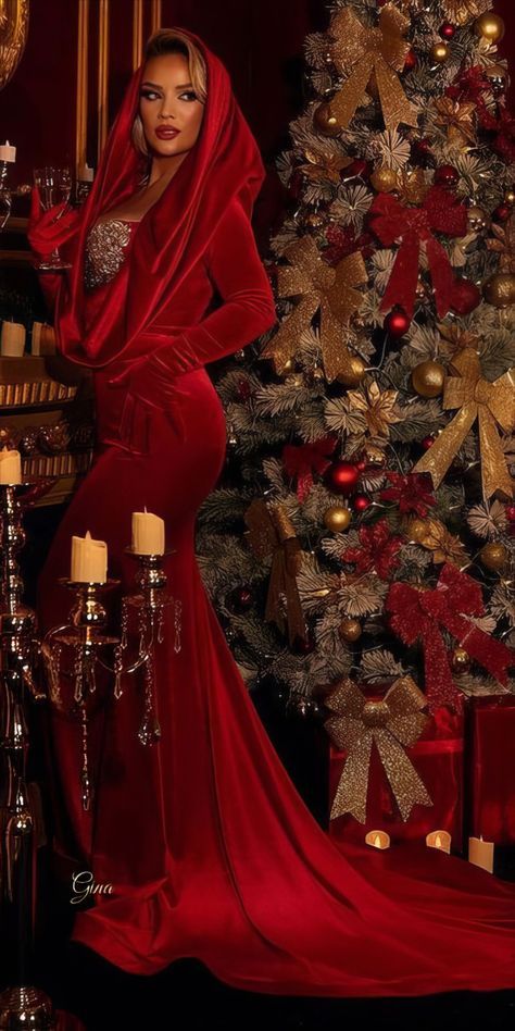 Red Christmas Gown, Red Dress Christmas Outfit, Classy Black Outfits, Christmas Gown, Christmas Wedding Dresses, Bridesmaids Gowns, Outdoor Decoration Ideas, Outdoor Christmas Decoration Ideas, Glamorous Christmas