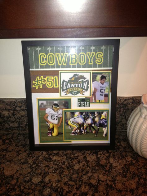 High school football shadow box 11x14. Football Shadow Box Ideas High Schools, High School Shadow Box Ideas, Football Shadow Box Ideas, Senior Boards, Football Bags, Basketball Banquet, Sports Display, Coaches Gifts, Pep Club