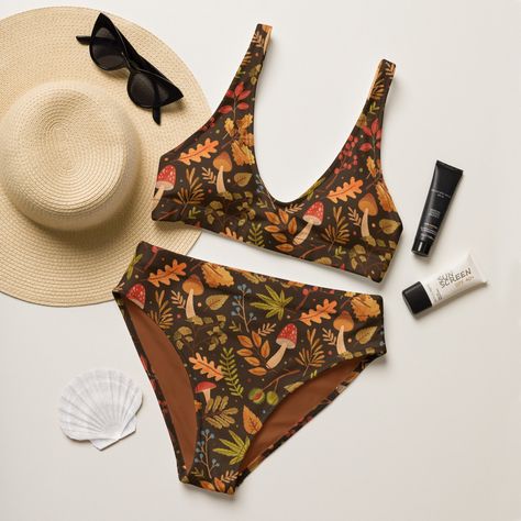 🌿Mushroom Leaf High-Waisted Bikini Cottagecore Swimsuit Forestcore Bathing Suit Goblincore Dark Academia Safari Aesthetic Beach Wear 🌿It's too easy to fall in love with this bikini set. Removable pads and its double-layer make it comfy to wear all day by the pool or at the beach. 🌿Our High-Waisted Bikini is destined to become the only swimsuit you want to reach for in your drawer! The bottoms are high-waisted, and the top has removable pads. Both come with a tear-away care label. These featur Dark Academia Bathing Suit, Cottagecore Bathing Suit, Dark Academia Swimsuit, Hippie Bathing Suits, Cottagecore Swimsuit, Brown Bathing Suit, Safari Aesthetic, Flower Swimwear, Thrift Manifestation