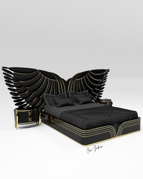 Luxury bed design inspired by eagle wings by interior architect Can Şahin. Designed for furniture brand Muttimo Furniture. Displayed in Istanbul Furniture Fair at January 28th. Whatsapp: +905323159734 Golden Bed Design, Dabal Bed Design Modern, Bed Gadi Design, Latest Bed Designs Modern 2022, Luxury Bed Design, Lexury Bed, Beautiful Bedroom Furniture, Egyptian Decor, Box Bed Design