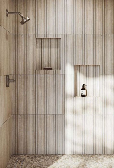 Fluted Tile Shower Wall, Earthy Bathroom Ideas Natural Rustic, Fluted Wood Tile Bathroom, Textured Tile Shower Walls, Wood Ribbon Tile Bathroom, Minimalist Shower Tile Ideas, Fluted Shower Tile, Earthy Shower Tile, Earthy Bathroom Design