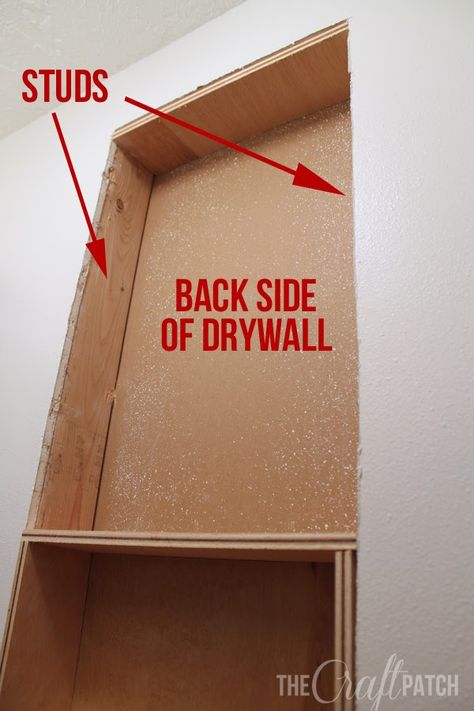 The Craft Patch: How To Build a Shelf Between Studs In Wall Storage Between Studs Closet, Diy In Wall Storage, How To Build Shelves Between Studs, Between Studs Shelves Closet, Shelf In Studs, Recessed Pantry Between Studs, Bathroom Without Drawers Storage, In Between Studs Storage, Diy In Wall Shelves Between Studs