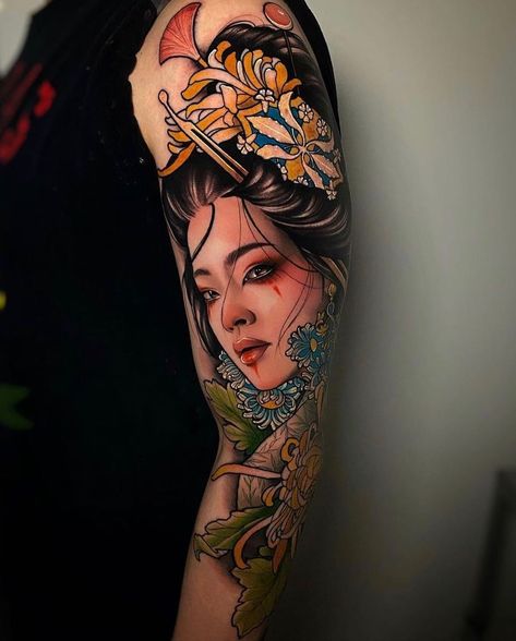 Neo Traditional Geisha Tattoo, Geisha Tattoo Design Colored, Neo Traditional Geisha, John Tattoo, Geisha Tattoos, Japanese Tattoo Women, Geisha Tattoo Design, Irezumi Tattoo, Live Tattoo