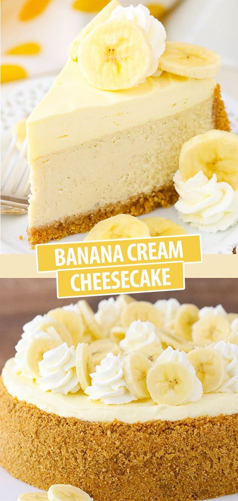 Banana Cream Cake Easy, Banana Cream Pudding Cheesecake, Bavarian Cheesecake Recipes, Cheesecake Recipes Banana, Banana Cheesecake Cake, Banana Cheesecake Recipe Easy, Cheesecake Different Flavors, Easy Impressive Birthday Cake, Recipes With Bavarian Cream