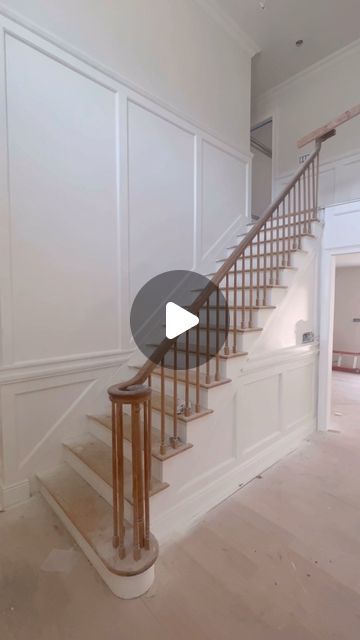 The Cozy Colonial | DeAnna Martino on Instagram: "So happy to be partnering with @dutchessmillwork for our staircase. They custom make all stair parts including balusters, newels, and railings by taking your inspiration pictures and turning them into reality. Excited to take you all through the process in the coming weeks.   #homerenovation #colonial #beforeandafter #interiordesigner #colonialhome #renovationproject #millwork #millworkdesign #woodwork #homedecor #homedesign #foyer #entryway #traditional #traditionaldecor #interiordesign #home #homesweethome #stairs #staircase #staircasedesign #instahome #housesofinstagram" Contrast Trim Staircase, Entryway Decor Traditional, Chair Rail On Stairs, Stairs That Turn, Waynes Coating Stairway Staircases, Historic Home Staircase, Updated Colonial Staircase, Stairs In Front Of Door Entryway, Stairs In Entryway