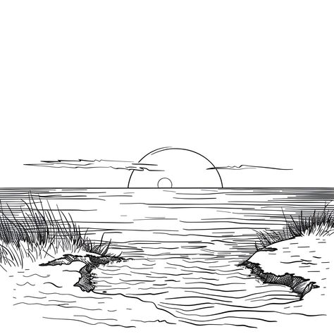 Nature's Tranquil Waterscape at Sunset (free printable PDF black-and-white line drawing idea suitable for all, from beginners to advanced learners, including children, teens, adults, and seniors) Nature Drawing Ideas, Easy Nature Drawings, Gothic Drawings, Easter Drawings, Waterfall Scenery, Winter Drawings, Alice In Wonderland Drawings, Easy Disney Drawings, Beach Drawing