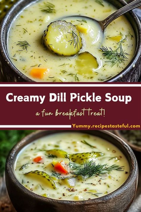 This creamy, tangy soup combines the bright flavor of dill pickles with the richness of sour cream, making it a comforting and delicious dish perfect for any season. With tender potatoes, grated carrots, and a subtle kick from pickle juice, this unique soup is a family favorite that brings a delightful twist to traditional soup recipes. Whether served as a main course or a hearty starter, Creamy Dill Pickle Soup is sure to impress! Easy Dill Pickle Soup, Pickle Potato Soup, Creamy Dill Pickle Soup, Dill Pickle Soup Recipe, Pickle Soup Recipe, Dill Pickle Soup, Pickle Soup, Pickle Recipes, Yummy Pasta