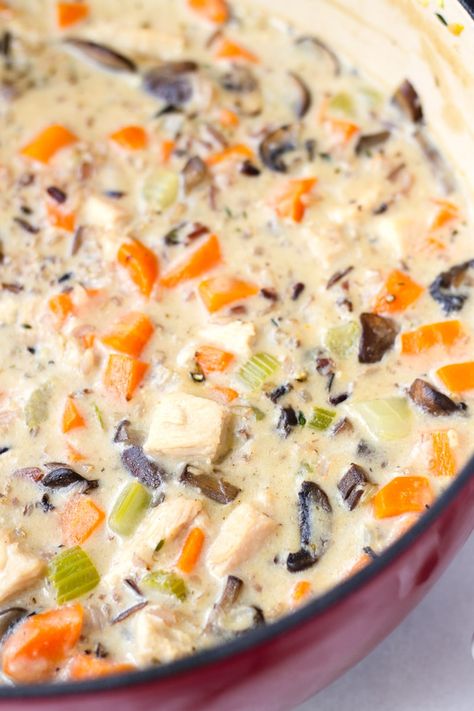 Creamy Turkey and Wild Rice Soup! This easy creamy wild rice soup is so comforting. You can use leftover turkey too! Turkey And Wild Rice Soup Crockpot, Cream Of Turkey And Wild Rice Soup, Wild Rice Turkey Soup, Creamy Turkey Wild Rice Soup, Thick Creamy Chicken Wild Rice Soup, Turkey And Wild Rice Soup, Buttered Rice Recipe, Prep Dinners, Garlic Butter Rice