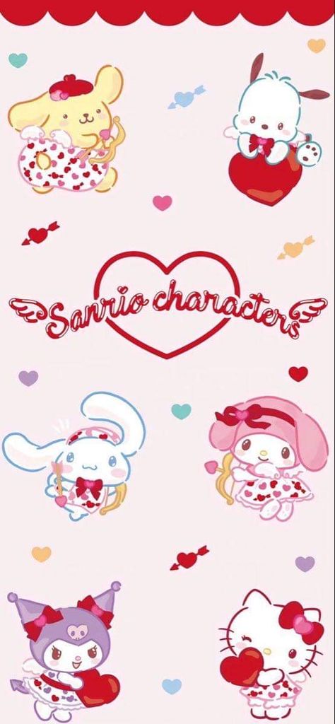 Sanrio Birthday Wallpaper, Valentine Sanrio, Pink Valentine Wallpaper, Sanrio Birthday, Sanrio Wallpapers, Kawaii Valentine, Valentines Wallpaper Iphone, Hello Kitty Characters, Kitty Drawing