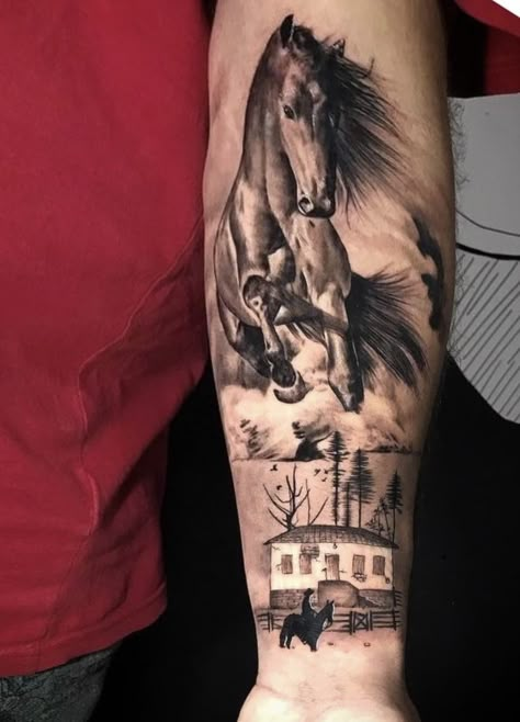 Horse Tattoo For Men, Dave Tattoo, Horse Tattoos, Horse Tattoo Design, Country Tattoos, Cowgirl Tattoos, Cowboy Tattoos, Man On Horse, Western Tattoos