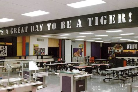 Elementary Cafeteria Design, Teacher Workroom, Cafeteria Decorations, School Cafeteria Decorations, Cafeteria Decor, High School Decor, School Lunchroom, School Branding, Vinyl Sayings