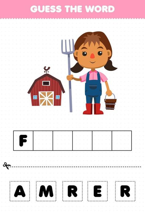 Cartoon Farmer, Word F, Guess The Word, Game For Children, Fruit Photography, Classroom Rules, Lettering Practice, Printable Worksheets, Games For Kids