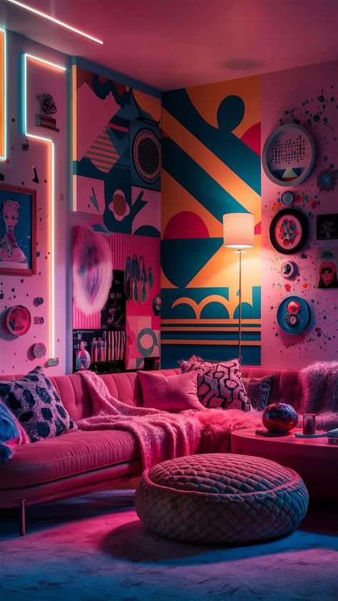 Dive into a vibrant 80s-inspired interior filled with geometric patterns and bold colors. This nostalgic scene features soft neon lighting that enhances playful pop art elements and eclectic textures. Cozy seating and quirky furnishings capture the spirit of the decade, making this design a perfect homage to retro charm. Discover the magic of 80s wallpaper and revamp your space with style! #80sDecor #RetroDesign #MemphisGroup #InteriorDesign 80s Retro Interior Design, Retro Revival Interior Design, Pop Art Room Decor, Pop Art Interior Design, 80s Design Interiors, 80s Living Room, 80’s Decor, Retro Room Decor, 80s Room