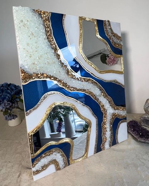 Blue and gold mirror geode wall art - Sold . Check out my website sonjaarroyoart.com for available art or dm for commission request… | Instagram Midnight Sparkle, Geode Wall Art, Seni Resin, Geode Wall, Geode Decor, Abstract Painting Diy, Glass Shards, Retail Store Interior Design, Epoxy Paint