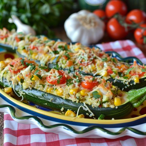 Stuffed Zucchini Boats, Grandmothers Kitchen, Stuffed Zucchini, Zucchini Boats, Mouth Watering Food, How To Cook Quinoa, Easy Lunches, Plant Based Diet, Shredded Cheese