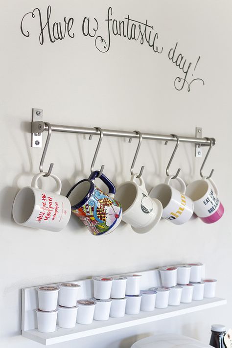 The bad news? It’s Monday. The bad news? I threw my back out some point between… Diy Mug Rack, Small Country Kitchen, Coffee Bar Diy, Coffee Bar Styling, Small Coffee Bar Ideas, Desk Makeover Diy, Small Coffee Bar, Coffee/wine Bar, Diy Rack