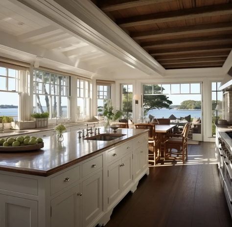 Cozy Beach House Kitchen, Cape Cod Style Kitchen, Kitchen At Front Of House, Houses Interior Kitchen, Holiday House Interior, Hamptons House Aesthetic, Beach House Inside, Guest House Interior Design, House Inspo Aesthetic