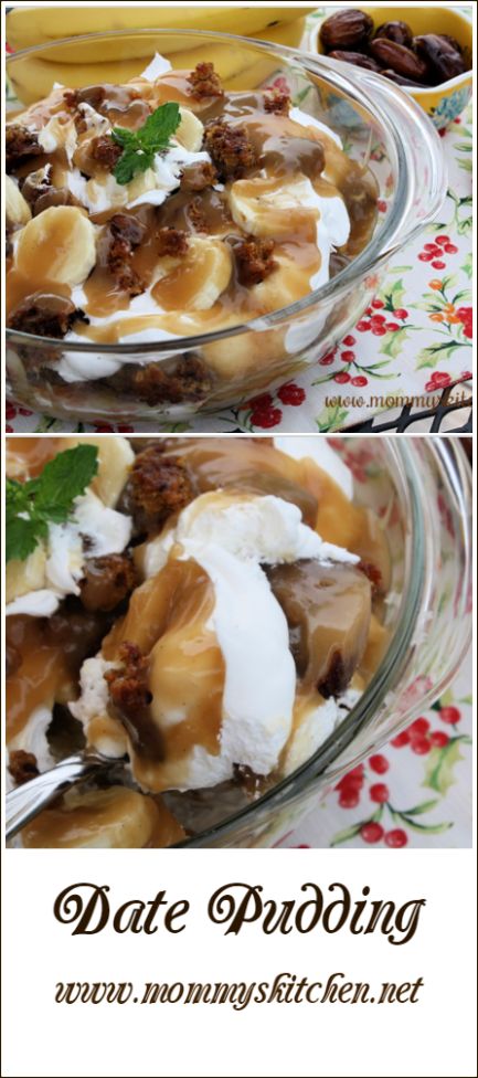 Amish Date Pudding in an old fashioned date cake layered with sliced bananas, whipped topping and a homemade toffee sauce. #datepudding #amishdatepudding #mommyskitchen #dessert Amish Date Pudding, Date Pudding Old Fashioned, Date Nut Pudding Recipe, Amish Pudding, Date Pudding Cake, Amish Custard, Date Fruit Recipes, Amish Desserts, Date Pudding Recipe