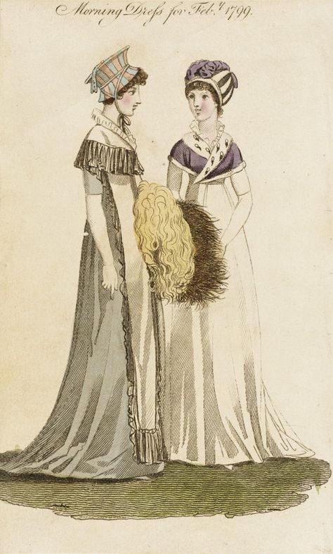 Mugs. Fashion Plate (Morning Dress for Febr. 1799)  England, London, 1799  Prints; etchings  Hand-colored etching on paper Morning Dresses, 1799 Fashion, 1810 Fashion, 1790s Fashion, Empire Clothing, Regency Clothing, Regency Gown, Regency Era Fashion, Morning Dress