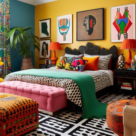 12+ Innovative Bedroom Pop Design Ideas to Try • 333+ Images • [ArtFacade] Colourful Bedrooms Ideas, Pop Art Bedroom Decor, Colorful Bedroom With Black Furniture, Good Vibes Bedroom Ideas, Boho Funky Bedroom, Bright Guest Room, Black And Colorful Bedroom, Ecletic Decoration Bedroom, Colorful Small Bedroom