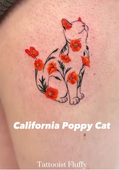 Poppy And Marigold Flower Tattoo, Calico Cat Tattoo, Flower Outline Tattoo, Cute Cat Tattoo, Poppies Tattoo, Flower Outline, Marigold Flower, Cat Flowers, California Poppy