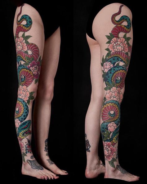 Full Body Japanese Tattoo Women, Japanese Body Suit Tattoo Woman, Women Leg Sleeve, A Snake Tattoo, Spring Tattoo, Japanese Leg Tattoo, Japanese Tattoo Women, Japanese Snake Tattoo, Tattoo Samples