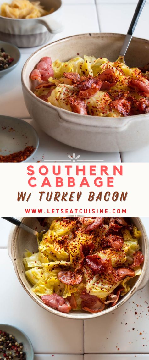 Turkey Bacon Dinner Ideas, Cabbage With Smoked Turkey, Turkey Bacon In The Oven, Southern Cabbage, Turkey Cabbage, Turkey Bacon Recipes, Bacon Cabbage, Broccoli And Cheese Recipe, Cabbage Recipes Southern