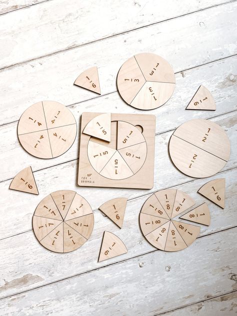 Wooden Fractions Puzzle | Pre-school Learning | Montessori | Education Toys. #laser #cutting #projects Visual Learning Activities, Fraction Puzzle, Wood Laser Ideas, Wooden Educational Toys, Montessori Educational Toys, Laser Cut Wood Crafts, Laser Engraved Ideas, Montessori Education, Visual Learning