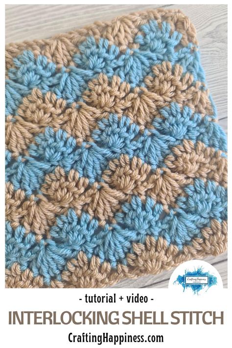 Learn how to crochet the Interlocking Shell Stitch, step-by-step tutorial & video by Crafting Happiness. Crochet tutorial for beginners. Interlocking Shell Stitch Free Pattern, Interlocking Block Stitch Crochet Blanket, C2c Shell Pattern, Interlocking Shell Crochet Pattern, Ripple Shell Crochet Pattern Free, Shell Afghan Crochet Patterns Free, Corner To Corner Shell Stitch, Lapgan Patterns, Crochet Shell Stitches