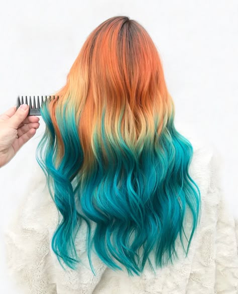 Orange And Teal Hair, Fantasy Hair Color Ideas, Orange And Blue Hair, Coral Hair Color, Dip Dyed Hair, Fantasy Hair Color, Coral Hair, Sunset Hair, Hair Dye Tips