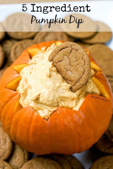 5 Ingredient Pumpkin Dip - Main image for recipe of pumpkin dip in a pumpkin with ginger snap cookie stuck in it.. Dip In A Pumpkin, Pumpkin Sweets, Pumpkin Dip Recipe, Pumpkin Pie Dip, Pie Dip, Pumpkin Fudge, Pumpkin Dip, Ginger Snap Cookies, Ginger Snap