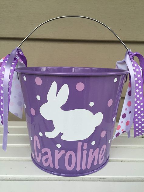 Painted Easter Baskets, Craft Themes, Easter Pail, Personalized Easter Bucket, Easter Basket Crafts, Personalized Easter Eggs, Basket Diy, Easter Buckets, Bunny Silhouette