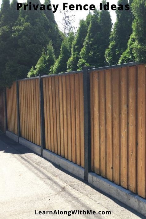 Wood Panel Fence Ideas, Modern Black Fence Ideas, Nice Wood Fence, Black And Brown Fence Ideas, Wood Fence Black Metal Posts, Black Fence Backyard Wood, Tall Fences Privacy Backyards, Black Fence Posts, Private Fencing Ideas