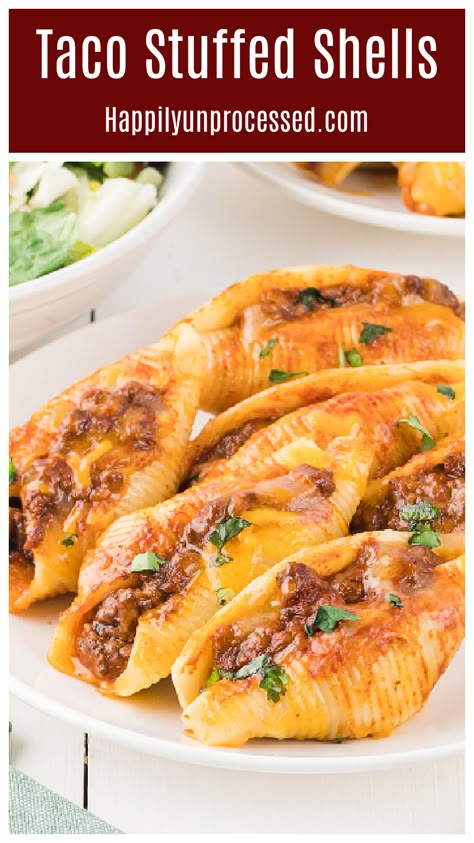 Taco inspired stuffed shells with savory beef, Enchilada sauce and cheese Cheesy Stuffed Taco Shells, Mexican Stuffed Shells, Shell Pasta Recipes, Canning Refried Beans, Simple Dinners, Taco Spice, Recipe Hacks, Spicy Tacos, Course Ideas