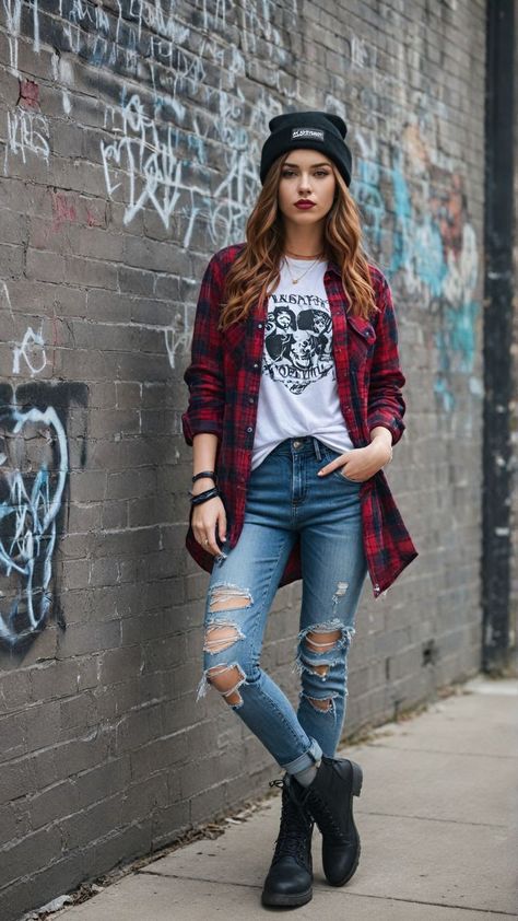 Jean Jacket Plaid Shirt Outfit, Over Sized Flannel Outfit, 90s Festival Outfit, Flannel Shirt Outfit Women, Beanie Outfit Women, Tough Girl Style, Lipstick Background, 90s Outfit Inspiration, Flannel Outfits Fall