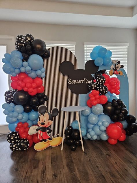 Mickey Mouse Birthday Party Ideas 1st For Boys Decor, Mickey Mouse Birthday Balloon Arch, Birthday Decor Boyfriend, Mickey Mouse Birthday Party Ideas 1st For Boys, Blue Mickey Mouse Party 1st Birthdays, Mickey Mouse Backdrop Ideas, Mickey Balloon Arch, Mickey Mouse Balloon Decor, Mickey Mouse Birthday Backdrop