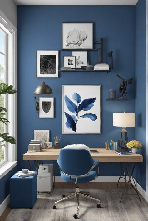 Experience the soothing harmony of Blue Note (2129-30) through the best color combinations of 2024, designed for daily interior routines with musical inspiration. #Ad #homedecor #homedesign #trendgirlApartment #Painthome #interiorarchitecture Wall Colors Green Room Colors Bright Room office Colors Apartment Renovation Home office Remodeling Modern Paint Colors 2024 Home Office Ideas Blue, Blue Accent Office, Blue Wall Office Ideas, Office Colors Ideas, Blue Study Room, Office Painting Ideas, Home Office Wall Color, Blue Office Interior, Home Office Wall Color Ideas