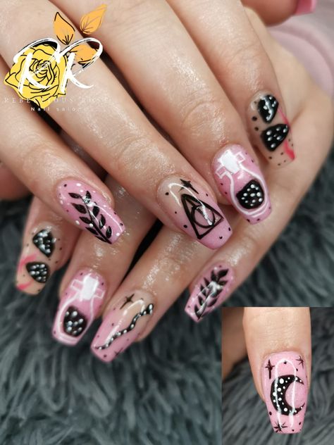 Pink Harry Potter Nails, Love Potion Nails, Potion Nails, Pink Harry Potter, Potter Nails, Harry Potter Nails, Witchy Nails, Love Potion, Harry Potter Birthday