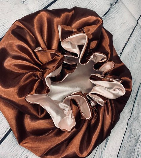 Brown & light pink satin lined REVERSIBLE bonnet | Etsy Satin Hair Bonnet, Sleep Bonnet, Silk Bonnet, Short Hair Lengths, Satin Bonnet, Hair Bonnet, Scrunchie Hairstyles, Pink Satin, Daughter Love