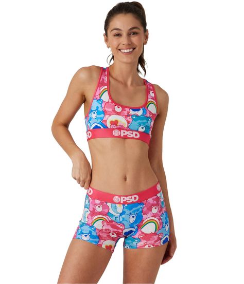 Psd Women, Psd Boxers, Pink Boyshorts, Printed Sports Bra, Psd Designs, Racerback Sports Bra, Care Bears, Black Sports Bra, Sports Bra Sizing