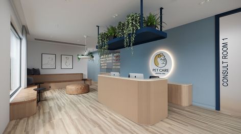 Veterinary Clinic Interior, Veterinary Lobby Reception Areas, Veterinary Decor Ideas, Modern Veterinary Clinic Hospital Design, Veterinarian Office Decor, Veterinary Office Design, Vet Waiting Room, Modern Vet Clinic, Vet Clinic Design Interiors