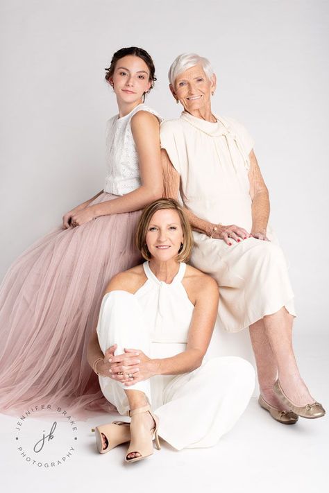 Fashion styled portrait of three generations of women posed to look like they belong in an upscale magazine. #jenniferbrakephotography #southbendphotographer #studiophotography #generationsphotography #styledshoot Generation X Fashion, Women Generation Photography, Three Women Photoshoot, 3 Generations Photoshoot, 3 Generation Women Photography, Generational Family Photoshoot, Three Generation Pictures, 3 Generations Photography, 4 Generations Photo Ideas Mothers