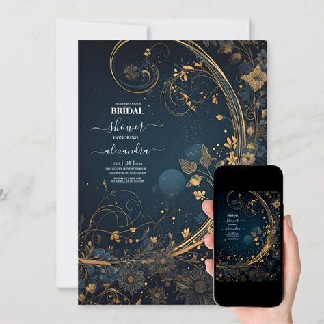 Blue Midnight Gold Celestial Bridal Shower Invitation  Zazzle Gold Celestial Wedding, Celestial Wedding Invitations, Celestial Wedding Theme, Whimsical Wedding Invitations, Celestial Wedding, Wedding Court, Quinceanera Invitations, Bridal Shower Invitation, Wedding Invitation Design