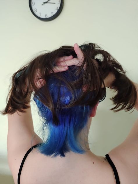 Cabelo castanho pintado de azul em baixo Under Blue Hair, Blue Underdye Hair, Under Dye Hair, Under Dye, Undercolor Hair, Under Hair Dye, Underdye Hair, Spiky Hair, Dye Ideas