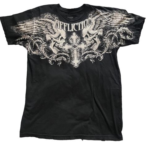 affliction black t shirt ♱ ♱ ♱ i own a cat, so im... - Depop Black Affliction Shirt, Affliction Shirts Men, Black Y2k Shirt, Affliction Outfits, 2000s Shirts, Affliction Tshirt, Affliction Clothing, Affliction Shirts, Affliction Shirt