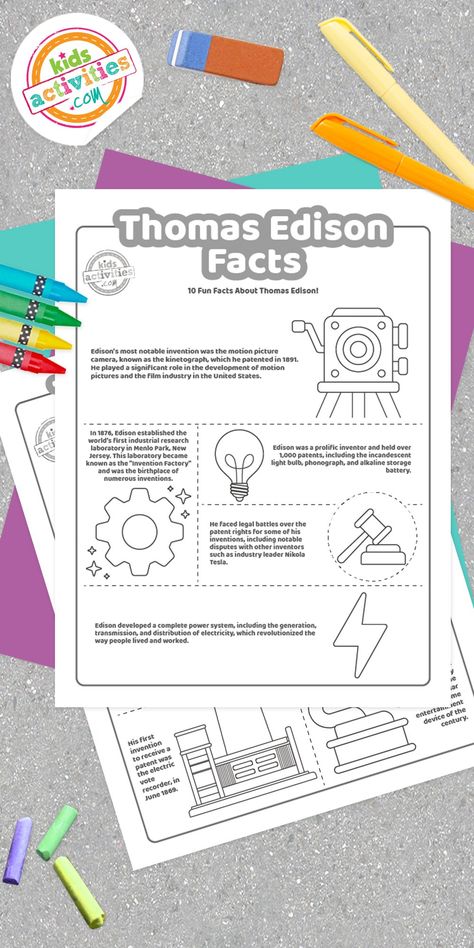 If you have a little one interested in science and inventions, then we have the perfect Thomas Edison facts coloring pages for you! Thomas Edison Project, Thomas Edison Inventions, Edison Inventions, Factory Lighting, Menlo Park, Facts For Kids, Thomas Edison, Film Industry, 3rd Grade