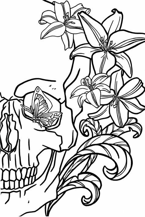 Skull Coloring Pages Free Printable, Skull Coloring, Butterfly Black And White, Half Sleeve Tattoos Drawings, Skull Coloring Pages, Creepy Drawings, Words Coloring Book, Spooky Tattoos, Hand Drawing Reference