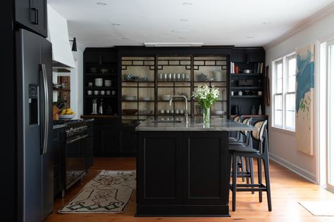 Black Fridge Kitchen, Beautiful Kitchen Ideas, Black Fridge, Fridge Makeover, Shower Pan Tile, Diy Built In, Window Cabinet, Brick Colonial, Window Kitchen